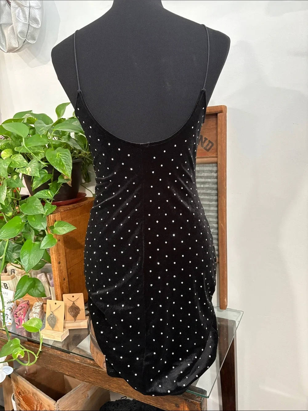 Black Polka Dot Velvet Bedazzled Mini Dress